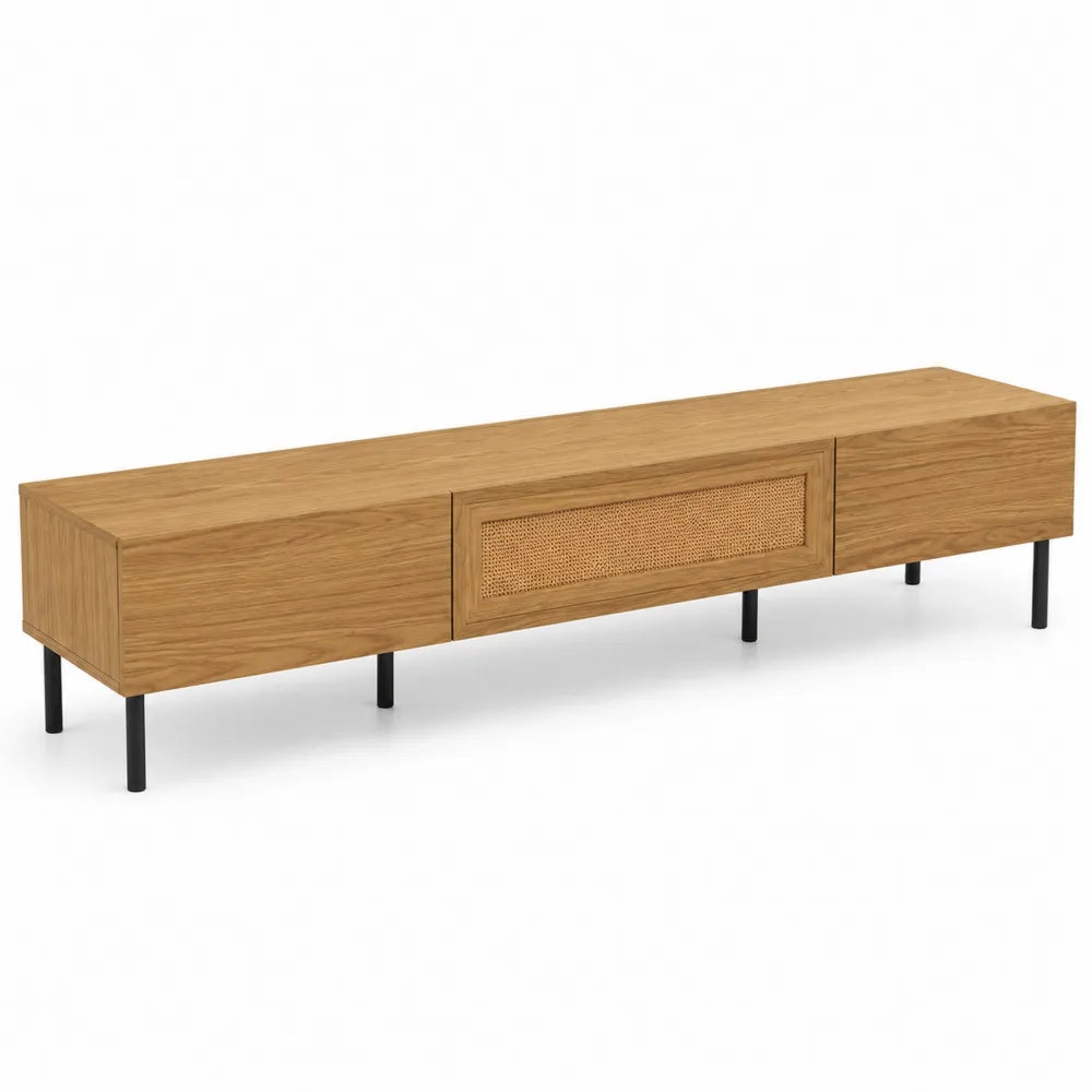 Mobile TV in legno di rovere e rattan con gambe in metallo
