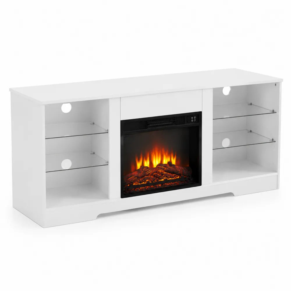 Mobile TV con Camino Elettrico in Legno e Vetro Temperato Bianco 152x40x60 cm