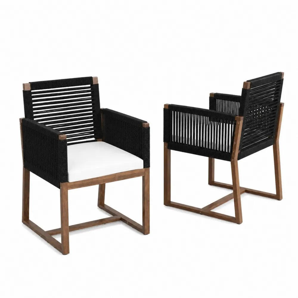 Set di 2 Sedie in Legno e Corda con Cuscino Bianco