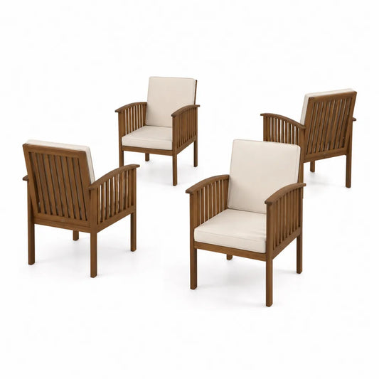 Set di 4 Sedie da Esterno in Legno di Acacia con Cuscini Beige