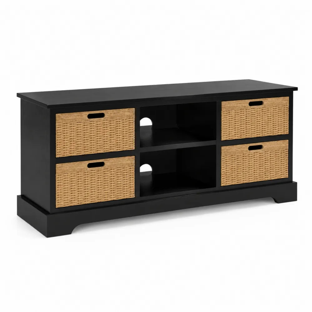 Mobile TV in Legno Nero con Cassetti in Rattan