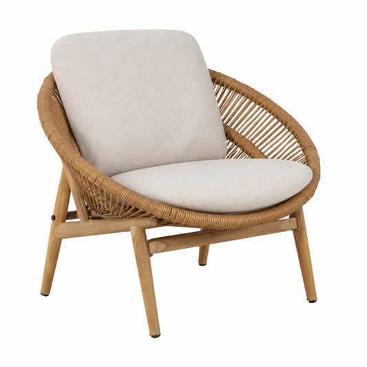 Poltrona da esterno in rattan e legno con cuscini beige